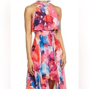 NWT Eliza J Occasion Maxi Dress Halter Top High Low Hem Watercolor Print Chiffon
